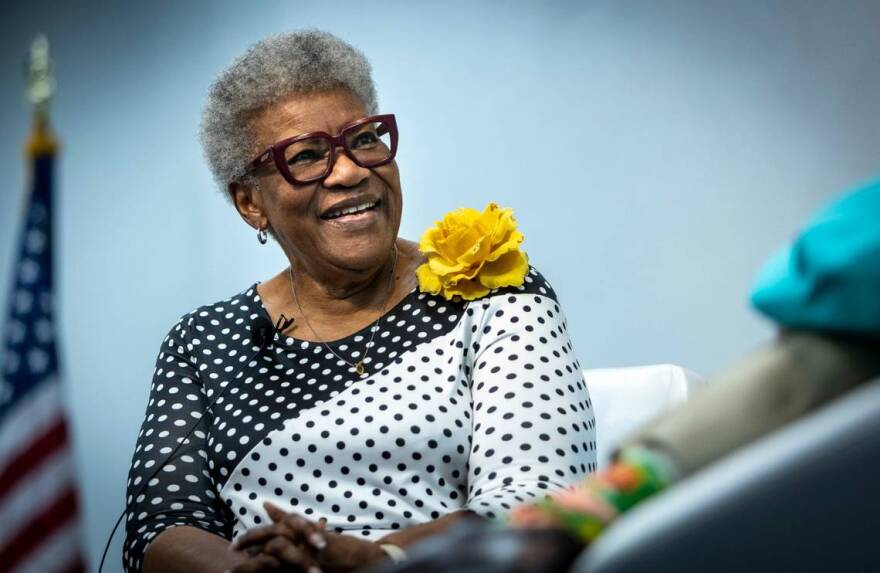 Bea Hines on stage at the North Dade Regional Library in Miami Gardens on Thursday, Feb. 16. Hines is a Miami Herald columnist and the first Black female reporter hired by the newspaper.