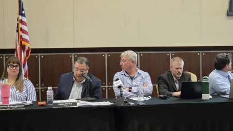 From left, Bemidji Councilmember Gwenia Fiskevold Gould, Bemidji Mayor Jorge Prince, Northern Township Supervisor Jess Frenzel and Northern Township Administrator Chris Lahn, during the joint meeting on Aug. 28, 2025.