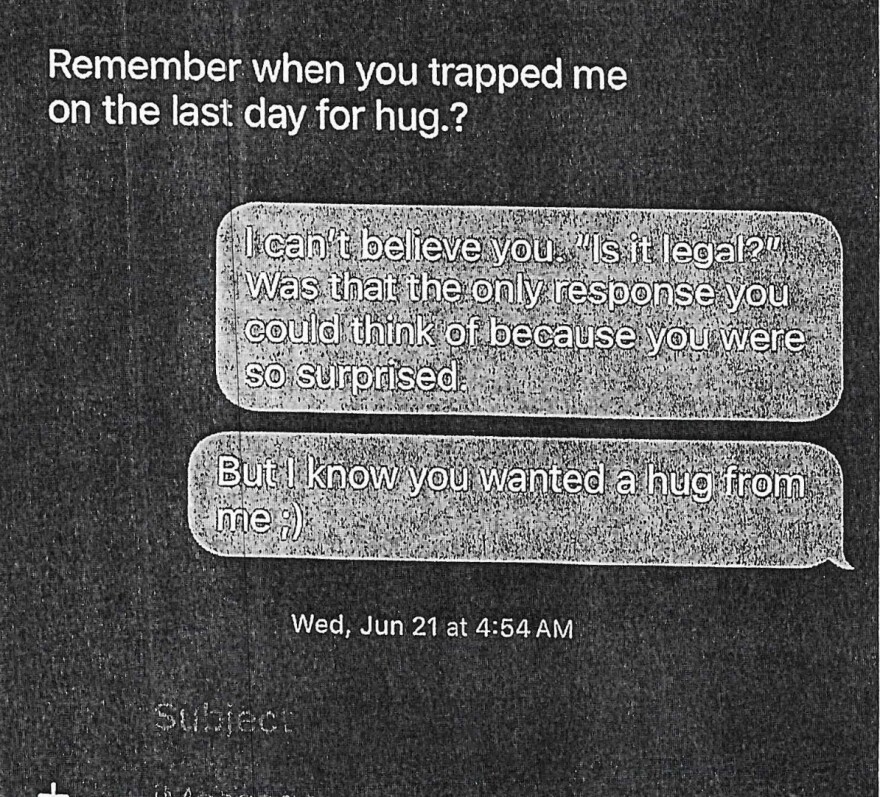 A screenshot of a text exchange between Kevin Kukla and the student that discusses hugging and whether what they did was legal.