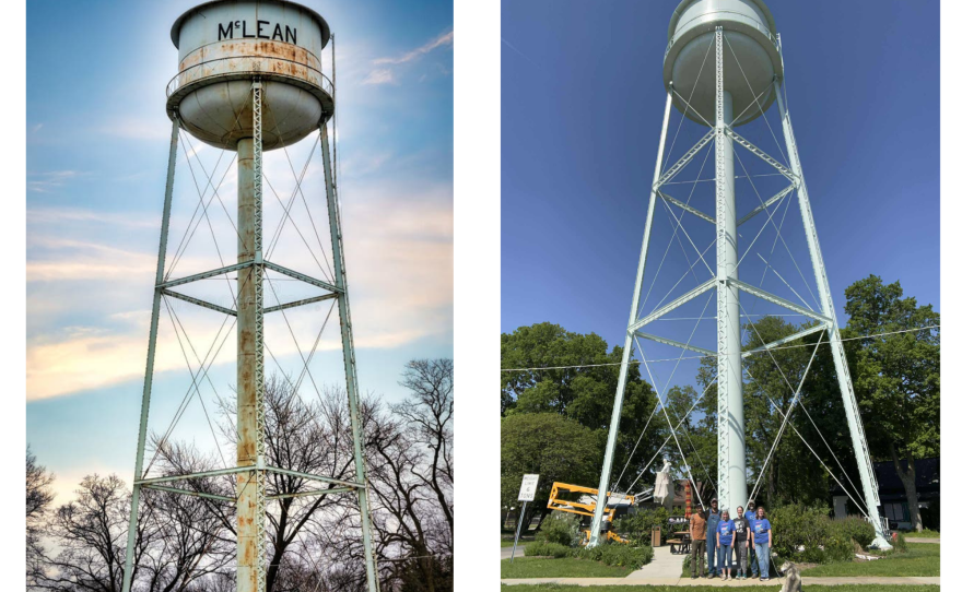 Two comparison photos of the before and after of the water tower.