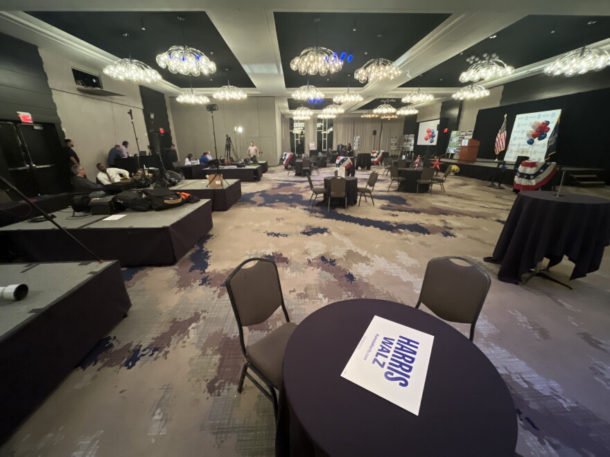 The early scene on election night 2024 at the Hyatt hotel in downtown Rochester, where Monroe County Democrats will gather as results come in.