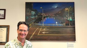 State Sen. Karl Rhoads of Oʻahu shares artwork by Ka-Ning Fong in his office at the Hawaiʻi State Capitol.