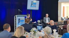 Governor Mike Braun being interviewed at a IBJ panel