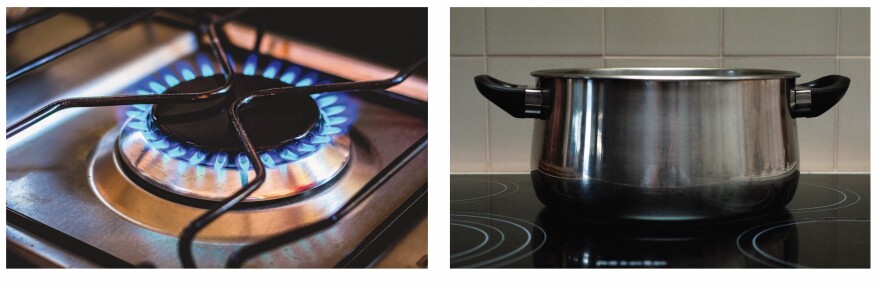 As more cities across the country enact natural gas bans, gas stoves (left) will be prohibited in new buildings – and, possibly, in existing buildings. Instead, builders will be required to install electric cooktops (right).