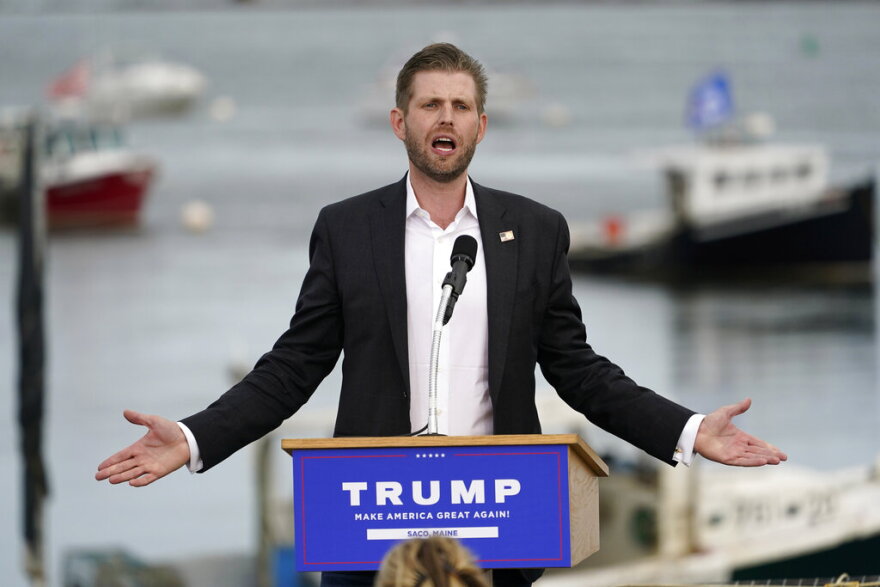Eric Trump, the son of President Donald Trump, speaks at a campaign rally for his father, Tuesday, Sept. 17, 2020, in Saco, Maine.