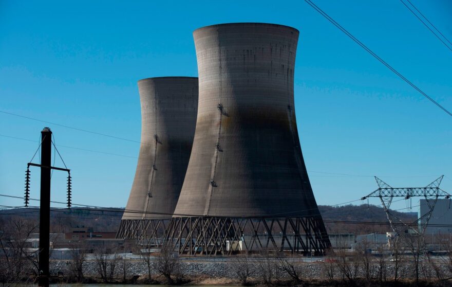 Unused cooling towers, shut down after the 1979 partial meltdown, are seen on Three Mile Island (TMI) in Middletown, Pennsylvania. We're talking about the future of nuclear energy in the United States. 