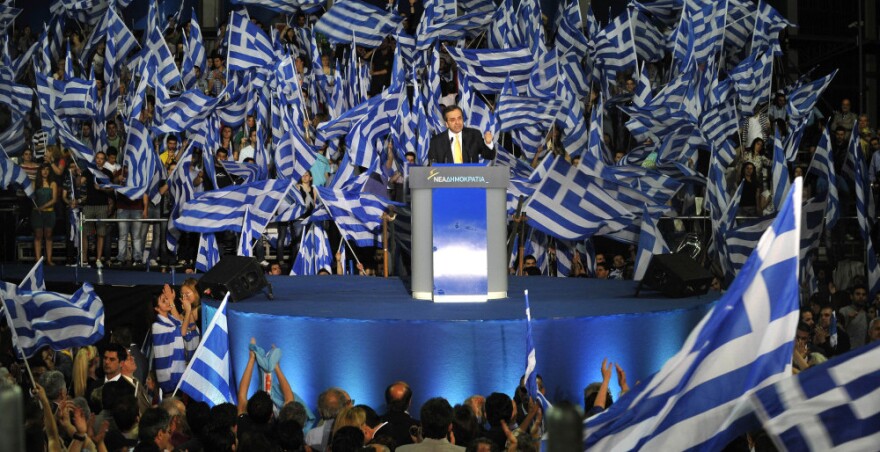 Antonis Samaras, leader of the conservative New Democracy Party, addresses an election rally in Thessaloniki Wednesday. One of two dominant parties in Greek politics, New Democracy has lost support to a new nationalist party.