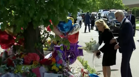 President Joe Biden and first lady Jill Biden visit a memorial on Tuesday outside the Tops on Jefferson Avenue in Buffalo, the site of Saturday's racially motivated mass shooting.