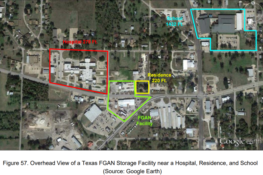 A figure from the Chemical Safety Board report on the West explosion shows an unidentified ammonium nitrate storage facility. TPR used other public records and Google Earth to determine that this site is Capps True Value Hardware and Ag Center, in Fairfield, Texas.
