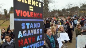 Students and faculty at Westfield State University demonstrate on campus to protest racism following the discovery of notes threatening Black students, in November 2017.