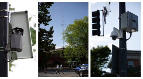 From left, security cameras are hung outside of the VA medical center in White River Junction, Vt., on top of Hanover Town Hall and on the green in Hanover, N.H. All three have been reported on DeFlock, a crowdsourced map dedicated to tracking automated license plate readers. (Valley News photo)