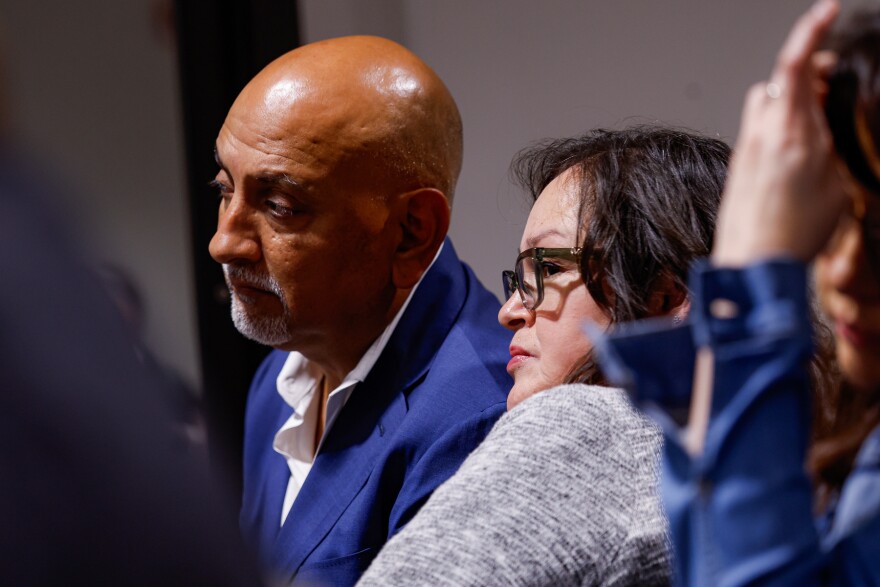 Jesse Rizo and his wife Juanita Cazares-Rizo listen to the prosecution and defense deliver their closing statements to the jury on the 11th day of the trial for former Uvalde school district police officer Adrian Gonzales at the Nueces County Courthouse on Wednesday, Jan. 21, 2026, in Corpus Christi, Texas.
