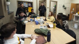 Members of Hawk the Vote, a nonpartisan group to increase youth turnout in the 2020 elections and Iowa caucuses at the University of Iowa hold a Q&A session about the upcoming caucuses in Iowa City. (Chris Bentley/Here & Now)