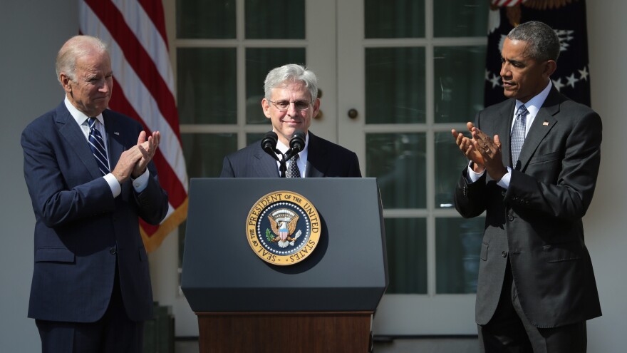 Vice President (now-President) Joe Biden & then-President Barack Obama applaud the announcement of Merrick Garland at a White House assembly, I guess Vice President (now-President) Joe Biden & then-President Barack Obama applaud the announcement of Merrick Garland at a White House assembly, I guess