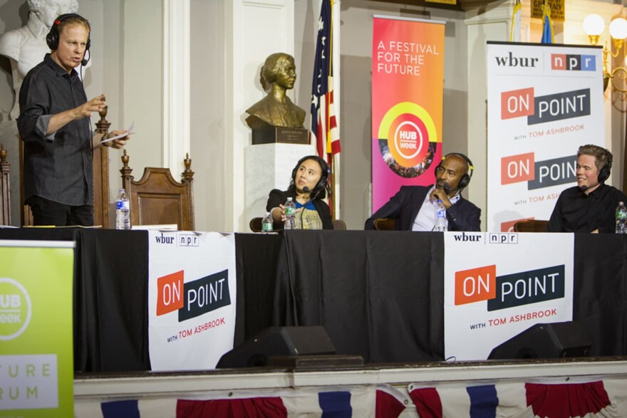 Celeste Ng, Van Jones and Josh Ritter at On Point Live in Boston with host Tom Ashbrook.