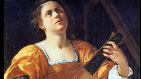 Baroque painting of St. Cecilia holding a lute against a dark background.