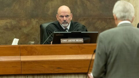 Chief Justice G. Richard Bevan listens to oral arguments at the Idaho Supreme Court on Friday, Jan. 23, 2026, in Boise.