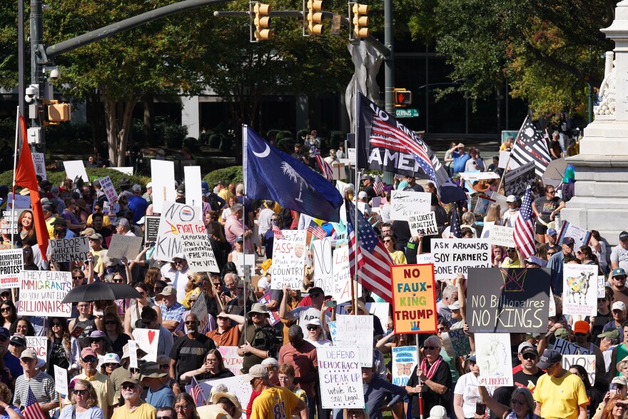 Thousands protested outside of the South Carolina Statehouse on Oct. 18, 2025, during the No Kings protest, one of some 2,600 nationwide to protest President Donald Trump and what organizers call his executive overreach.