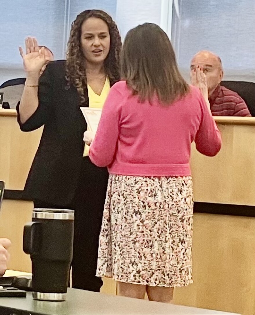 New Pekin City Clerk Nicole Stewart is sworn in Monday by Mayor Mary Burress.