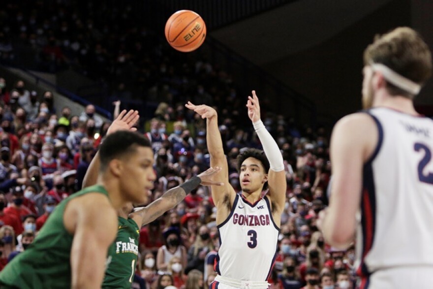 Gonzaga guard Andrew Nembhard (3) shoots during the first half of the team's NCAA college basketball game against San Francisco, Thursday, Jan. 20, 2022, in Spokane, Wash.