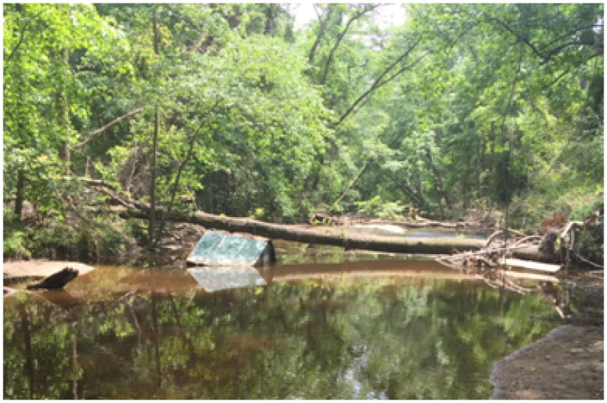 An industrial dumpster stuck in Gills Creek