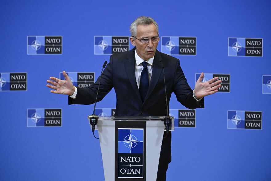 NATO Secretary-General Jens Stoltenberg addresses media after a meeting of the North Atlantic Council yesterday. Stoltenberg said the deadly explosion in Poland was probably the result of Ukrainian anti-aircraft fire but that Russia bears "ultimate responsibility" for the war.