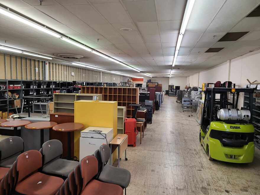 Items for Virginia Tech auctions are stored and organized at the site in Blacksburg where the live auctions used to take place.