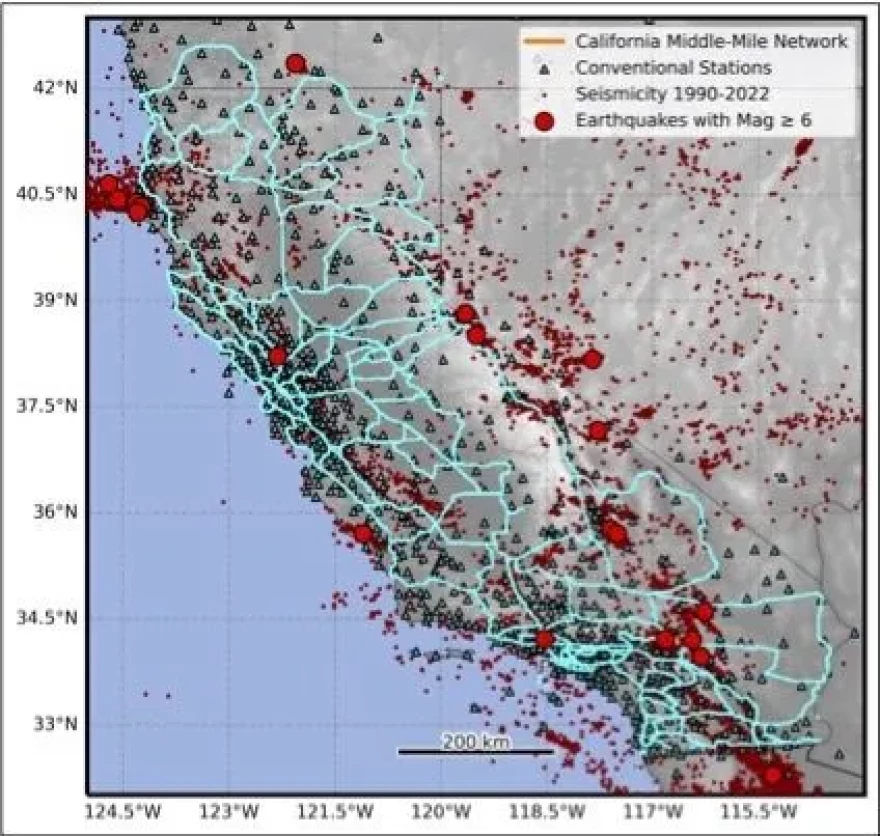 Blue lines show fiber optic cables that researchers are using to measure sound and find water.