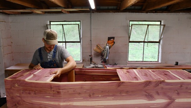 John Meyer builds coffins at his home near Seymour, Missouri.