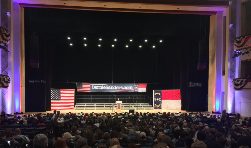 The stage at Belk Theater waits for Bernie Sanders to speak.