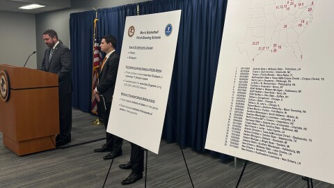 Information is displayed during a news conference to announce charges against 20 people including 15 former college basketball players, in what prosecutors called a betting scheme to rig NCAA and Chinese Basketball Association games, Thursday, Jan. 15, 2026 in Philadelphia.