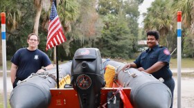 Melrose Volunteer Fire Department Volunteer Blake Nazario-Casey and Public Information Officer Joshua Florence helped with Marine 249's reconstruction and are certified in water rescue. (Tatiana Navarro/WUFT News)