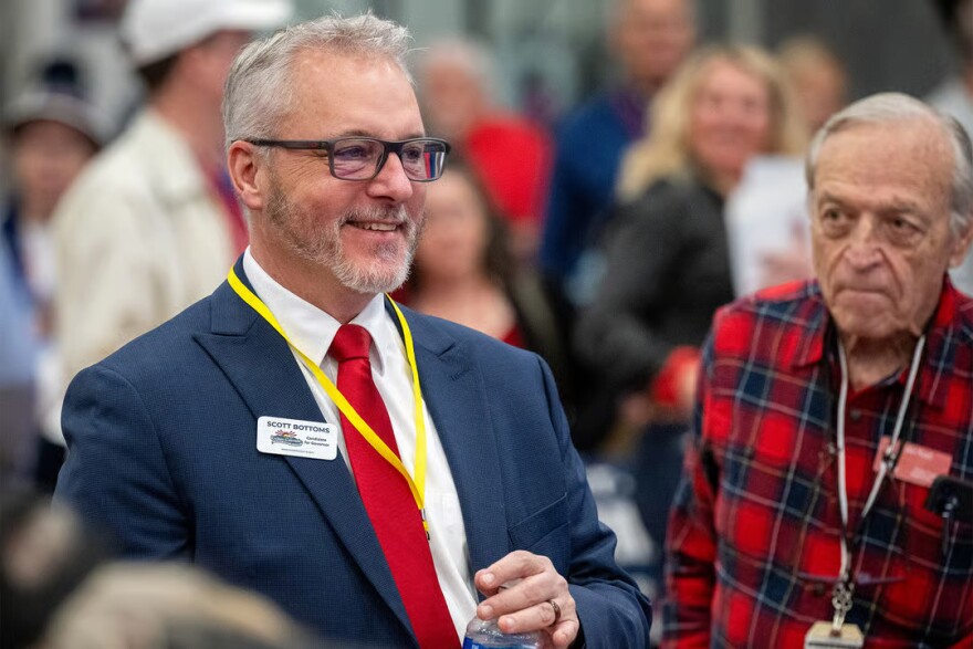 Gubernatorial candidate Scott Bottoms greets delegates the Colorado Republican Assembly on April 11, 2026 on the campus of CSU, Pueblo.