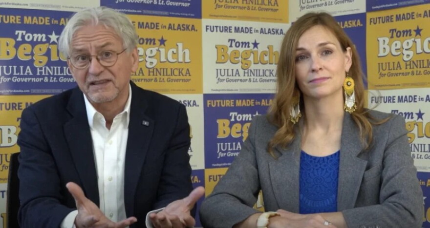Democrat Tom Begich and running mate Julia Hnilicka announce suspension of their campaign. Screen shot from Facebook video posted on Aug. 28, 2026.