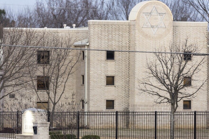 The Congregation Beth Israel synagogue is shown, Jan. 16, 2022, in Colleyville, Texas. Jewish leaders are calling for a strong turnout at worship services this weekend as a statement of defiance against growing antisemitism. The calls come after last Saturday's 10-hour standoff at Congregation Beth Israel in Colleyville, Texas, where authorities say British national Malik Faisal Akram voiced antisemitic conspiracy theories while holding four people hostage.