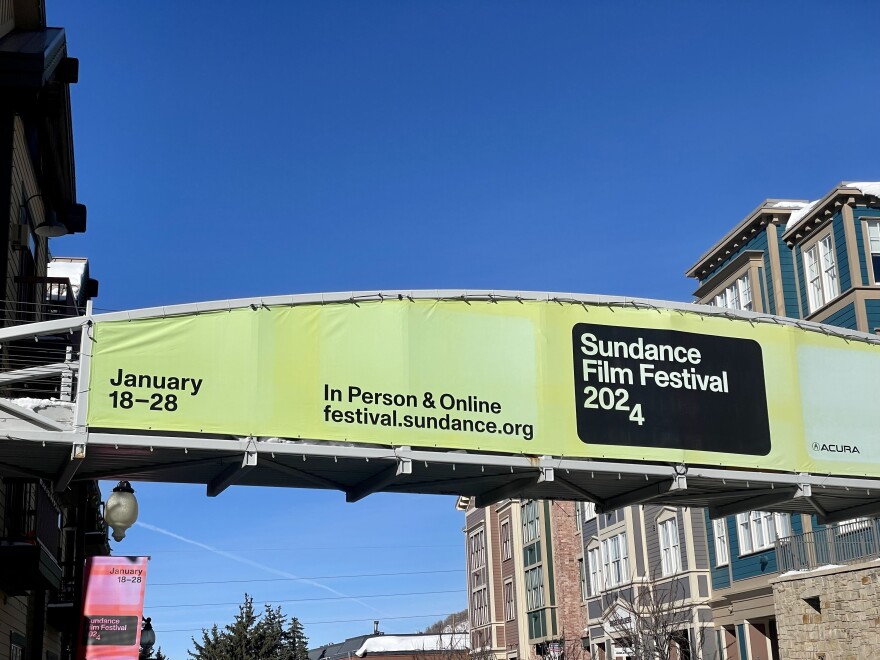 The Sundance Film Festival banner on the Town Lift Plaza bridge Tuesday.