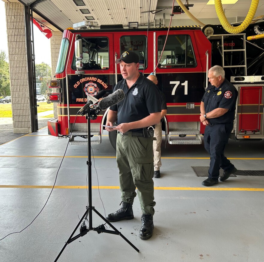 State Fire Marshal Shawn Esler updates reporters on the investigation of a camper explosion in Old Orchard Beach Saturday that claimed the lives of two women from Massachusetts.