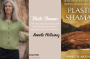 A graphic includes a picture of a woman with grey hair. She wears a green blouse and poses outside. On the other side of the graphic is the cover of "Plastic Shaman" by Annette McGivney. 