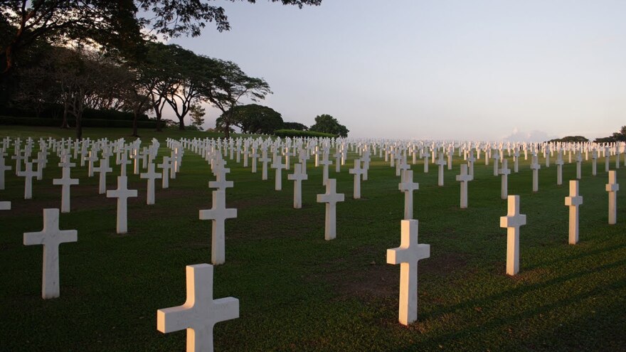 Lines of graves at the Manilla American Cemetery, located in the Phillipines.