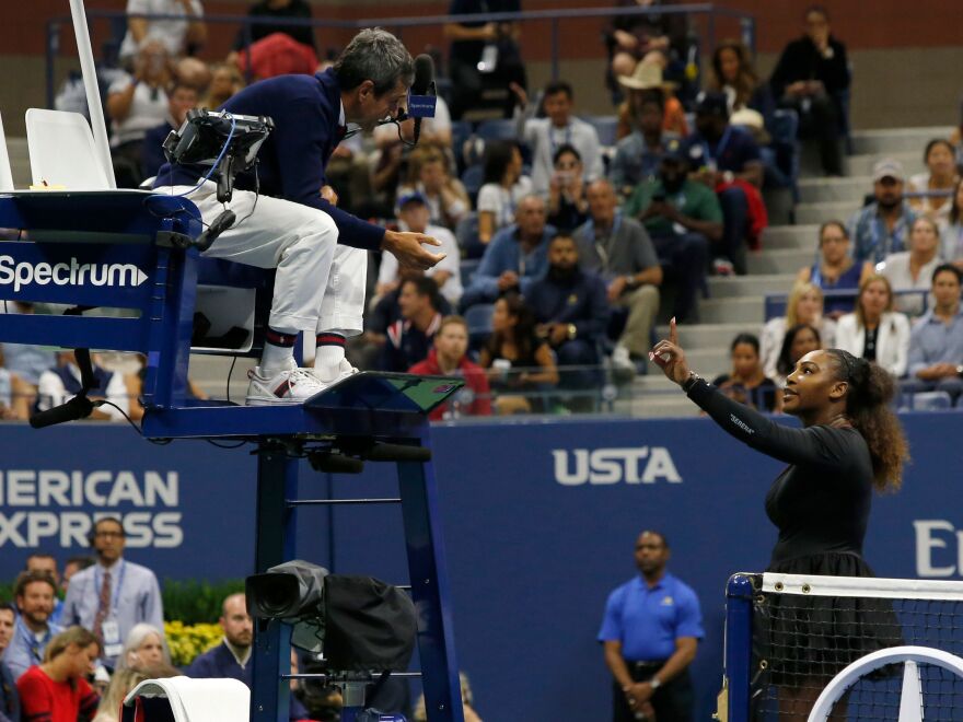Serena Williams argues with Chair Umpire Carlos Ramos while playing Naomi Osaka during their 2018 U.S. Open women's singles final match on Saturday. Osaka, 20, triumphed 6-2, 6-4 in the match.