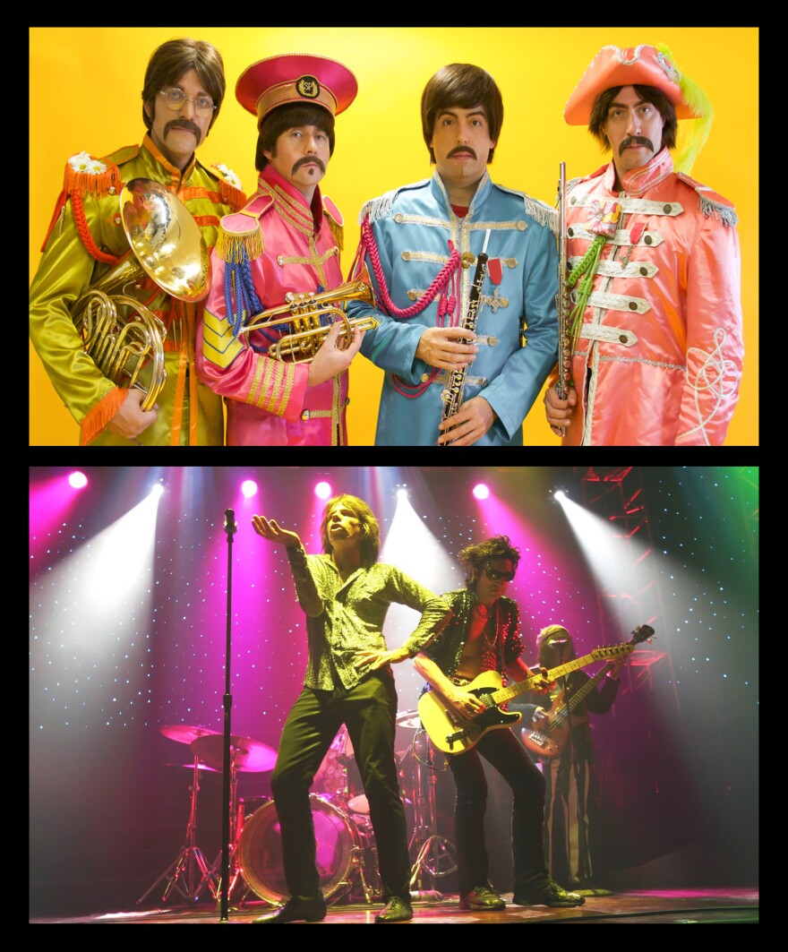 Image of musicians dressed up like the Beatles and Rolling Stones