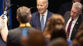 Former President Joe Biden arrives for the Ben Nelson Gala Friday, Nov. 7, 2025, in Omaha, Neb. (AP Photo/Rebecca S. Gratz)