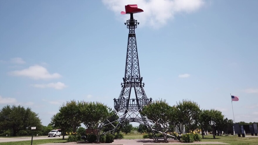  A cowboy hat tops a replica of the Eiffel Tower in Paris, Texas