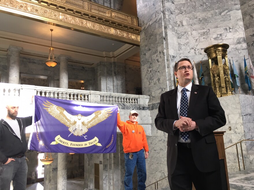 State Rep. Matt Shea speaks at a 51st state rally at the Washington Capitol. As a lawmaker, Shea advocated for the secession of eastern Washington into its own state called "Liberty." 
