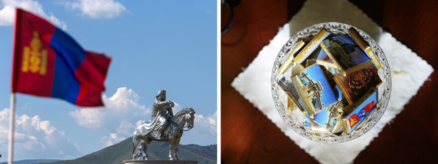 (Left) A Mongolian national flag flies near a Genghis Khan statue – the world's largest equestrian statue – in Tsonjin Boldog, Mongolia, on July 16. (Right) Chocolates are displayed for visitors to Mongolia's Government Palace in Ulaanbaatar.