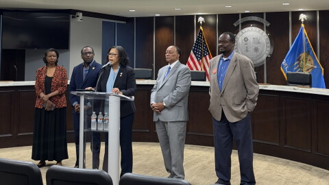 Rep. Aletia Timmons, D-OKC, speaks at press conference. 