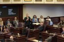 Man wearing a suit is holding a mic and speaking to the senate-- other people sitting in big brown chairs.