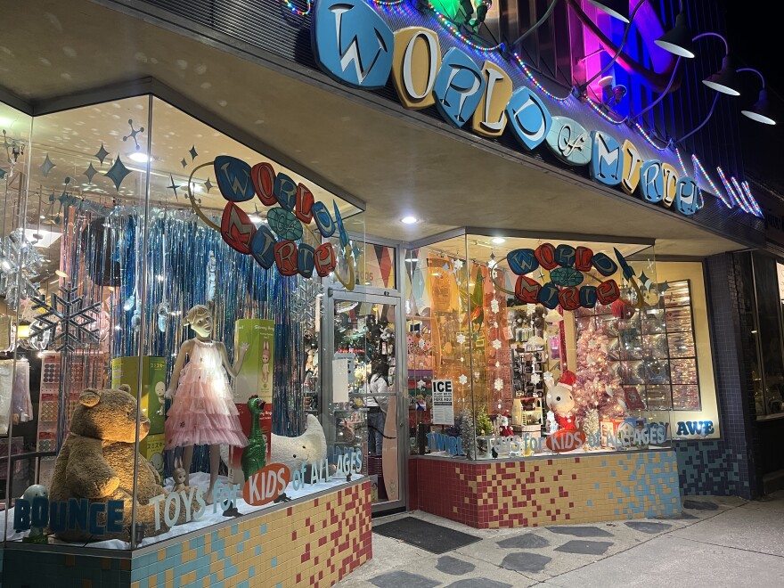 The storefront of World of Mirth toy store is photographed in Richmond, Virginia. The store's owners have joined a growing number of Richmond-area businesses that declare "ICE is not welcome here."