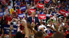President Donald Trump reacts to the crowd after speaking during his re-election kickoff rally at the Amway Center, Tuesday, June 18, 2019, in Orlando, fla. (AP Photo/Evan Vucci)