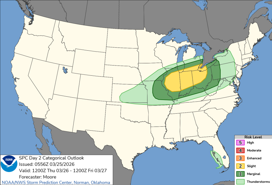 An example of what outlooks from the Storm Prediction Center look like.